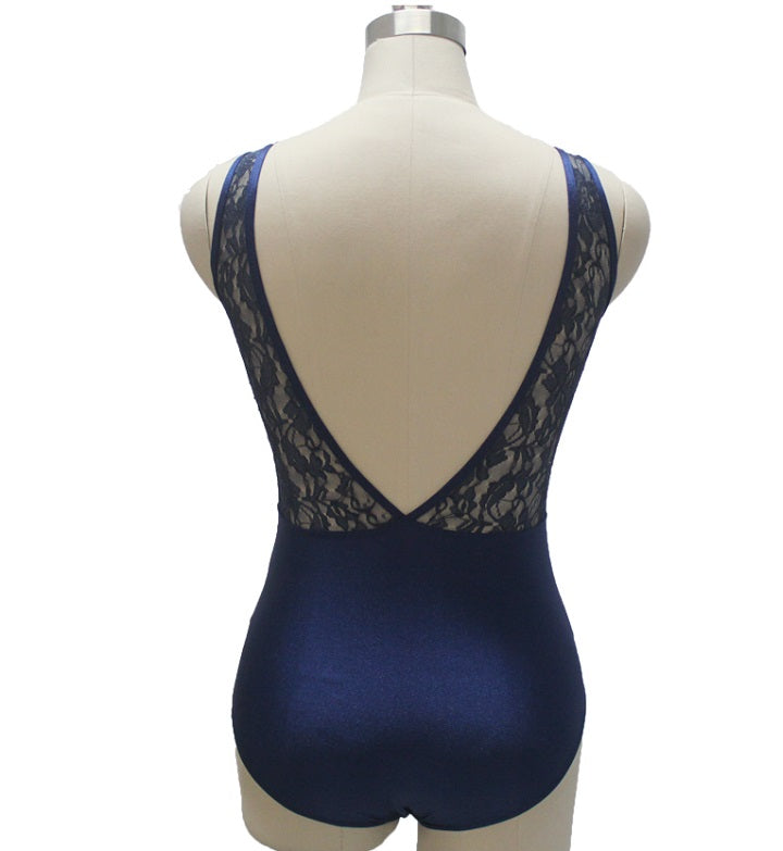 back of navy blue tank leotard with lace overlay
