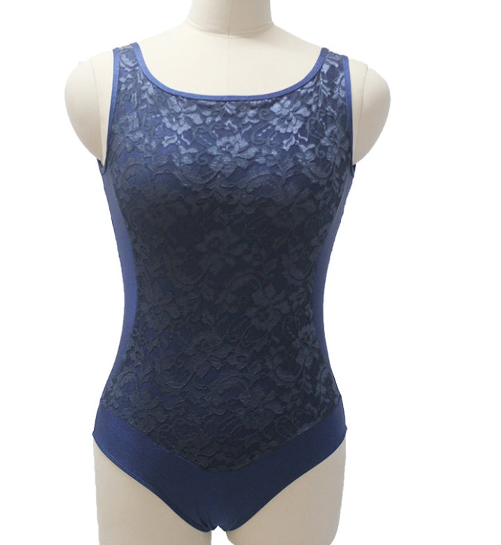 front of navy blue tank leotard with lace overlay.