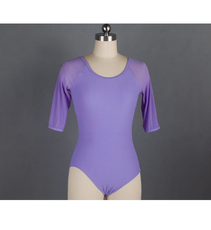 Front of lilac mesh ballet leotard with 3/4 sleeves.