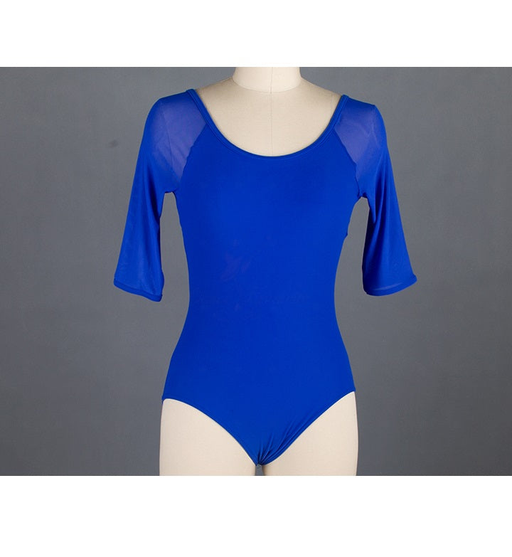Front of royal blue mesh ballet leotard with 3/4 sleeves.