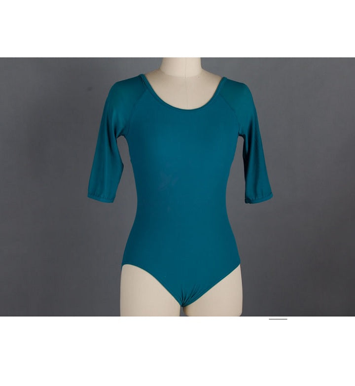 Front of teal mesh ballet leotard with 3/4 sleeves.
