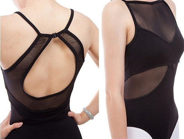 back of Women's trendy black mesh leotard