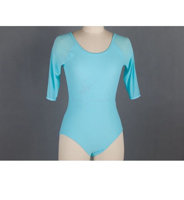 Front of sky blue mesh ballet leotard with 3/4 sleeves.