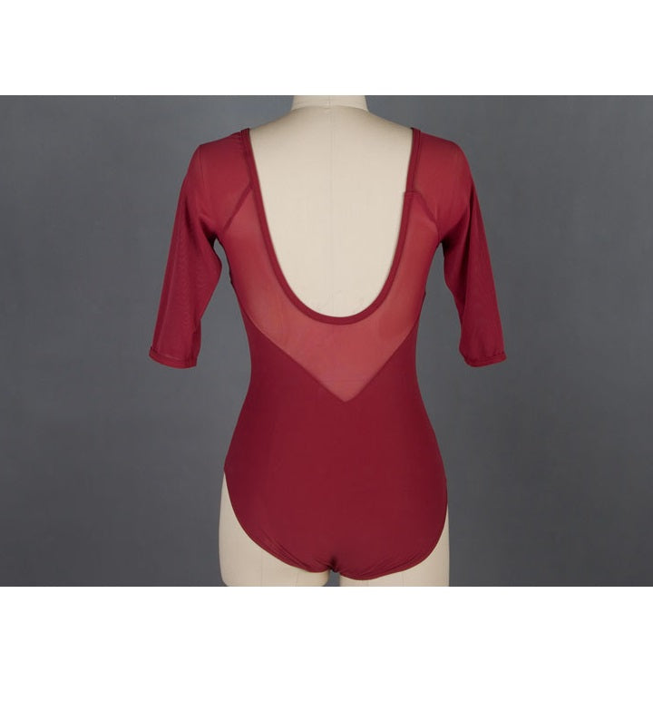 Back of red mesh ballet leotard with 3/4 sleeves.