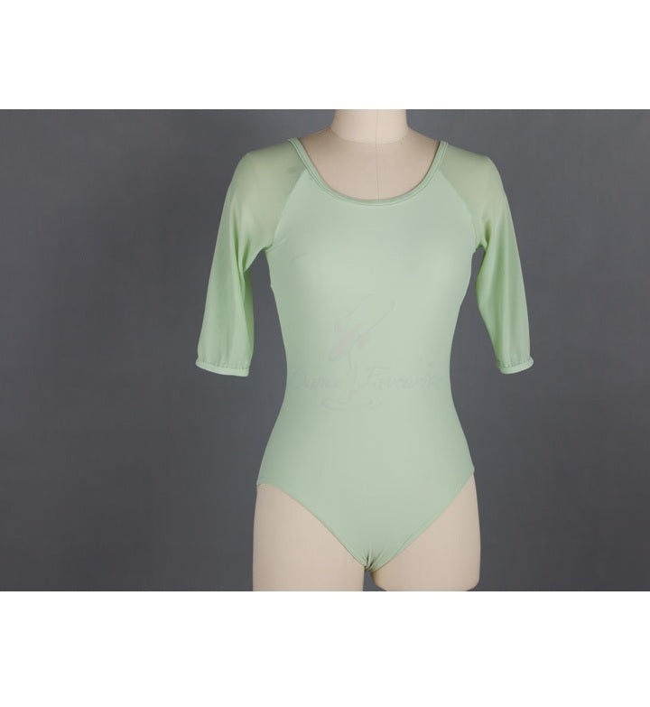 Front of mint mesh ballet leotard with 3/4 sleeves.