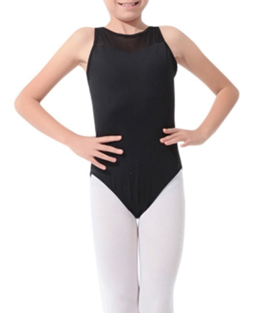 child wearing black tank leotard with sheet contrast and cross back