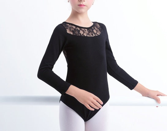 front of girls black lace leotard with keyhole back