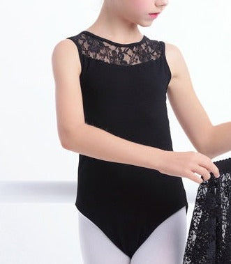 front of girls black lace tank leotard with keyhole back