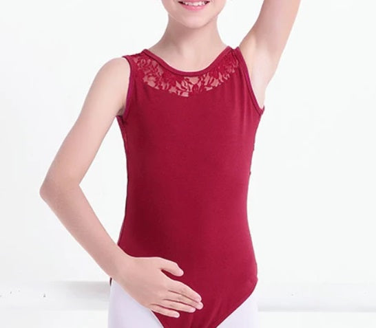 front of girls red lace tank leotard with keyhole back