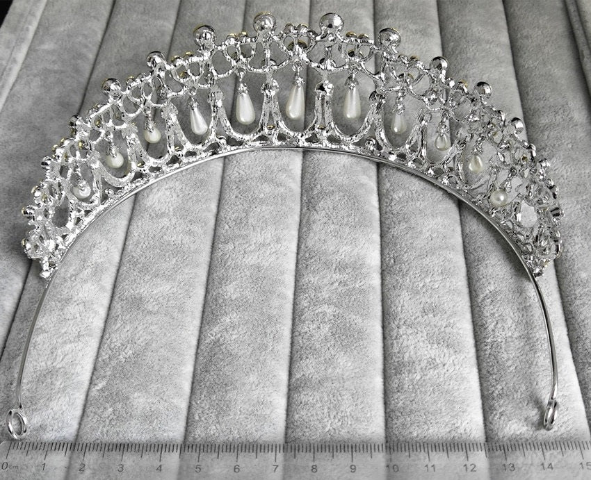 back of crystal and pearl princess diana style tiara with measurements YAGP