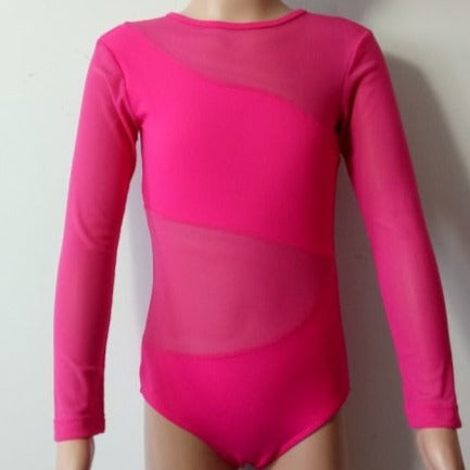 Front of pink long sleeve ballet leotard with sheer 