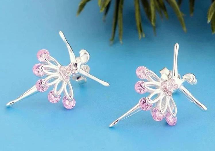 silver and pink cubic zirconia ballerina earrings ballet 