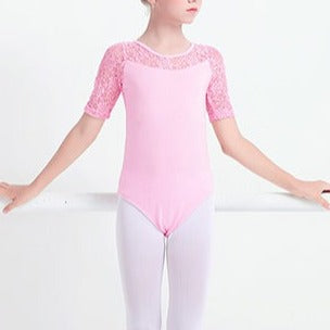 front of girls half sleeve lace leotard with keyhole back