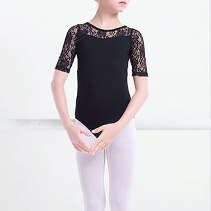 front of girls black lace leotard with keyhole back and half sleeves