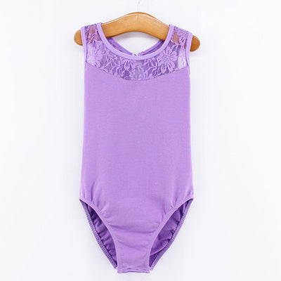 front of girls lavender tank lace leotard with keyhole back
