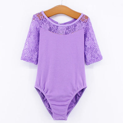 front of girls purplehalf sleeve lace leotard with keyhole back