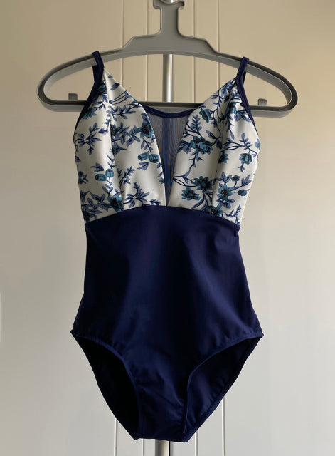 front of blue and white camisole leotard YAGP