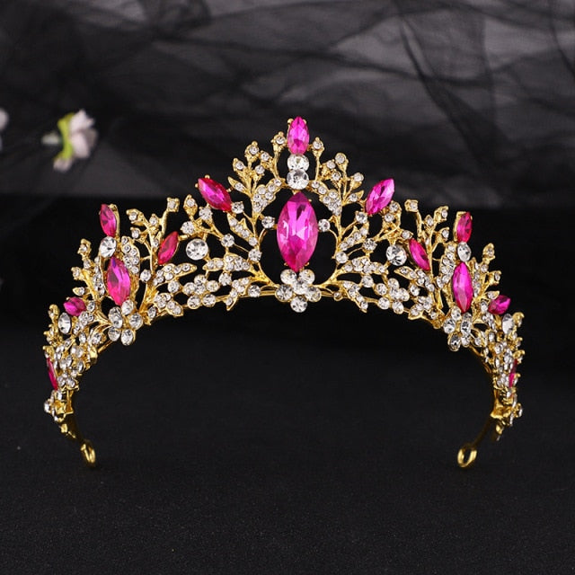 Vorderseite des Braut-Yagp-Balletts der Tiara aus Gold und rosa Kristall