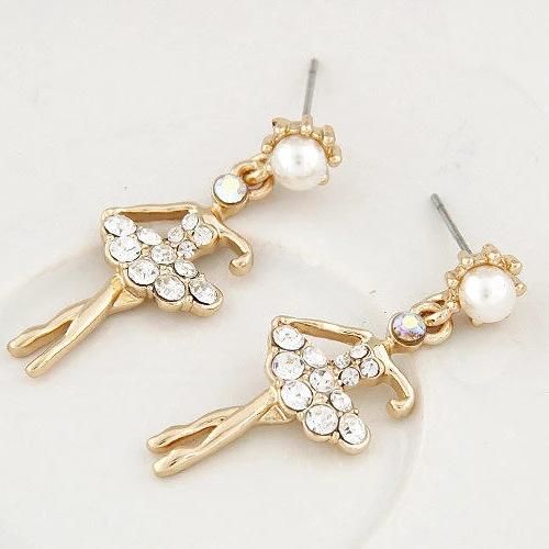 Front of crystal ballerina stud earrings with faux pearls