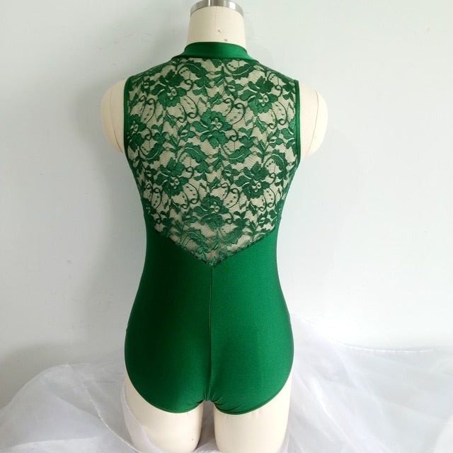 back of zip front lace back forest green leotard