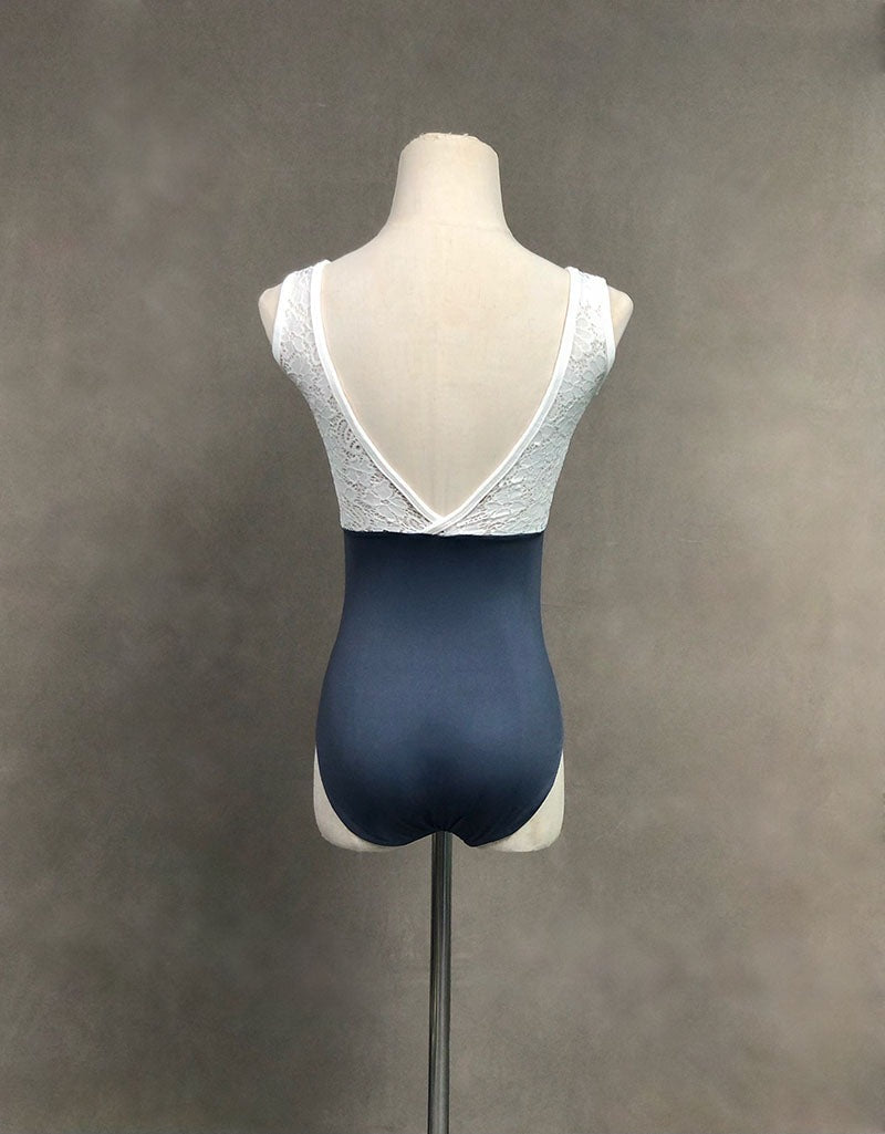 back of blue tank leotard with lace upper