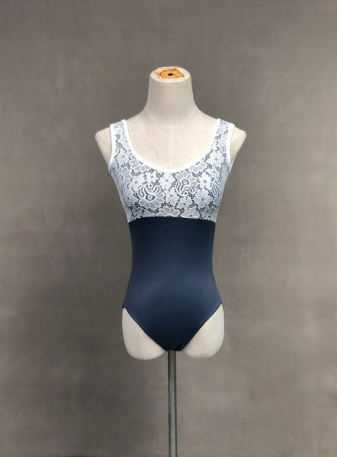 front of blue tank leotard with lace upper