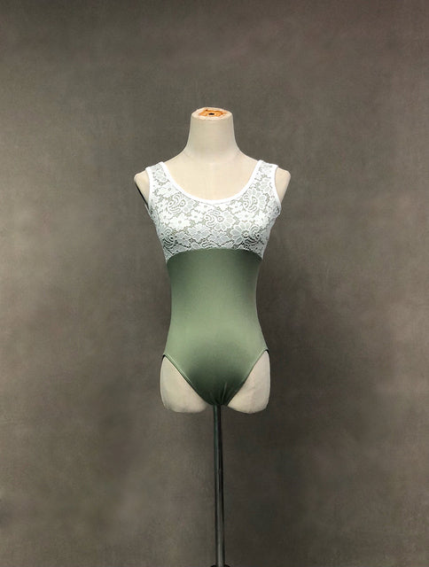 front of green tank leotard with lace upper