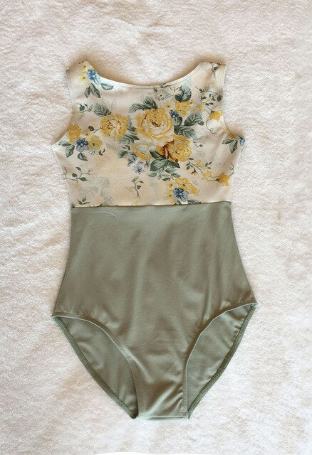 front of green and floral tank leotard for children
