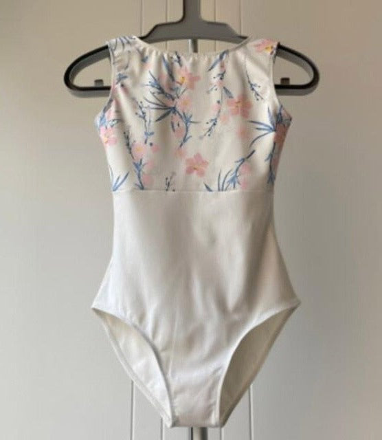 front of white and floral tank leotard for children