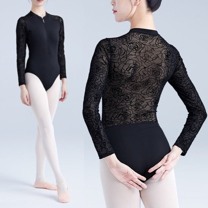 front of black long sleeve zipper front leotard with black lace