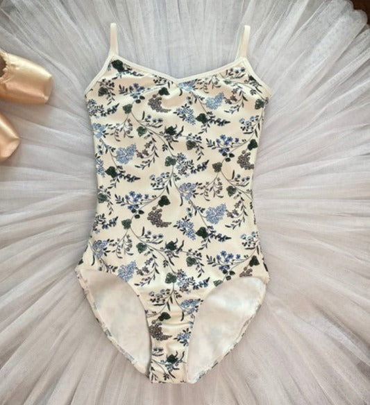 front of blue and floral camisole leotard