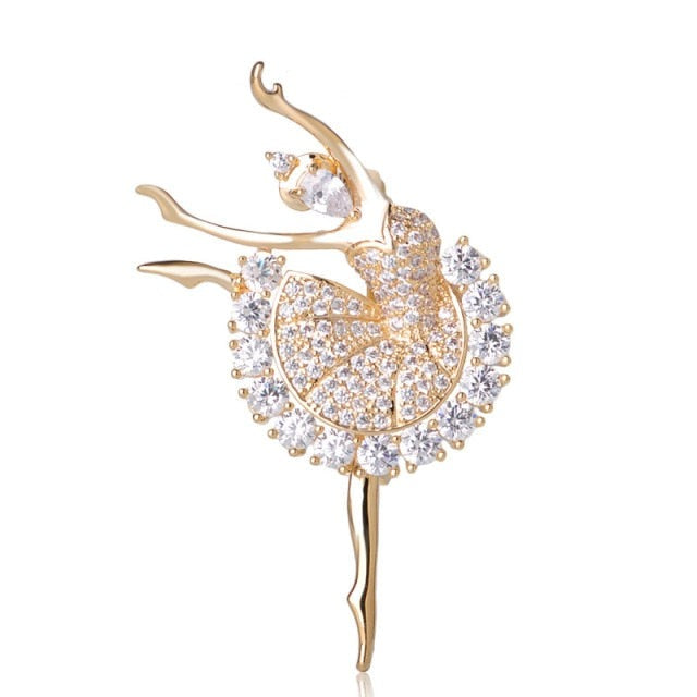 Broche de bailarina de cristal dorado arabesco YAGP