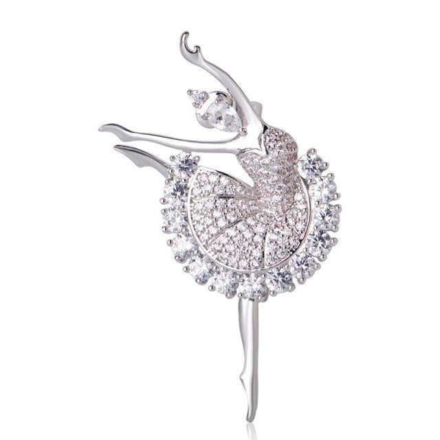 Silberfarbene Kristall-Ballerina-Pin-Brosche, Arabeske