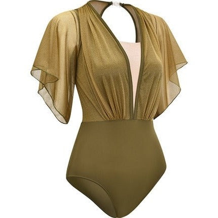 olive green leotard with flared sleeve