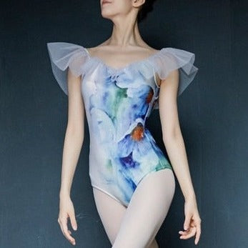 Floral Leotard with gathered ruffle sleeves