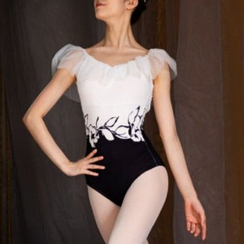 Black and white leotard with gathered ruffle sleeves