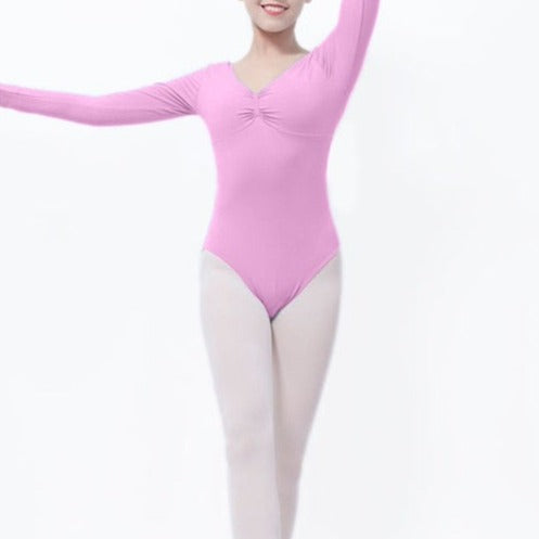 front of long sleeve pink leotard with pinch front