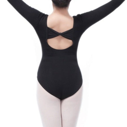 back of black long sleeve leotard with bow on back