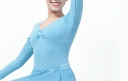 front of lady wearing long sleeve turquoise leotard with pinch front