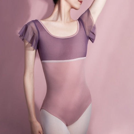 front of pink and purple leotard with chiffon sleeves