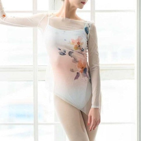 front of woman wearing floral camisole leotard with long sleeve mesh overlay
