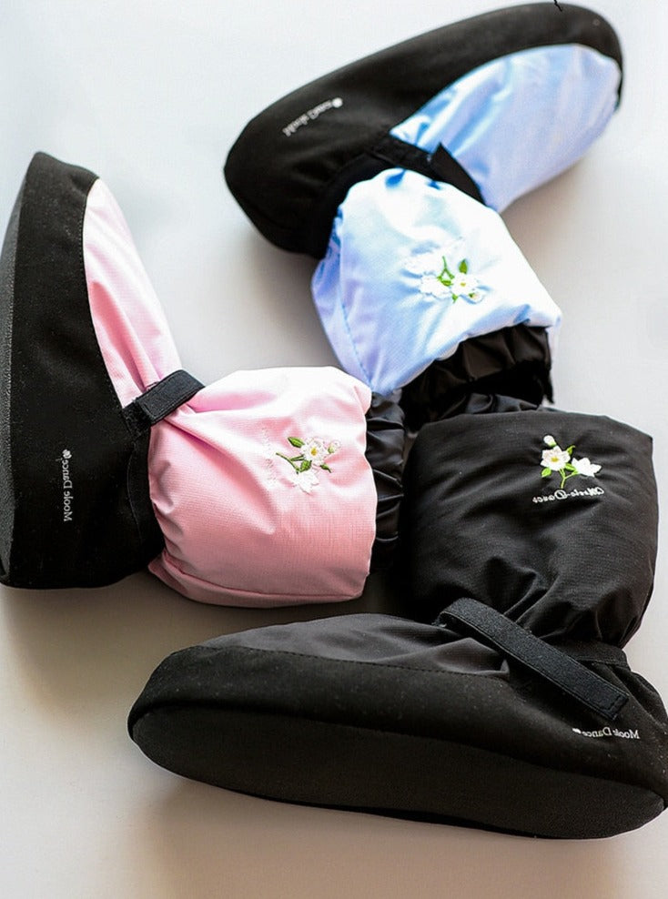 Black, pink and light blue ballet warm up booties with embroidered flower YAGP