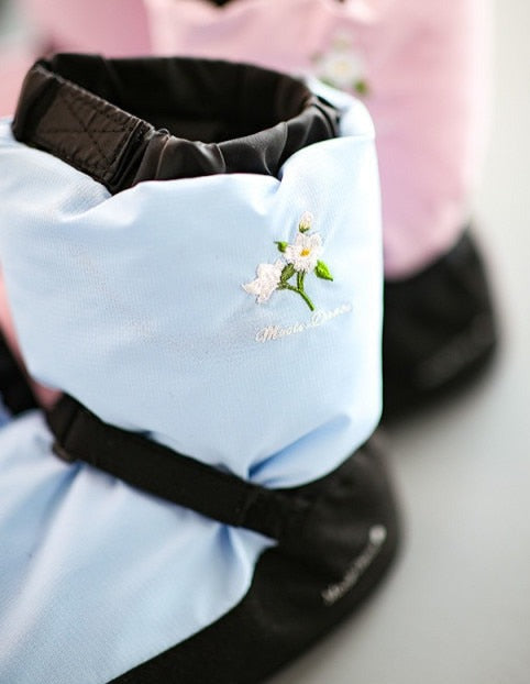 Light blue ballet warm up booties with embroidered flower YAGP