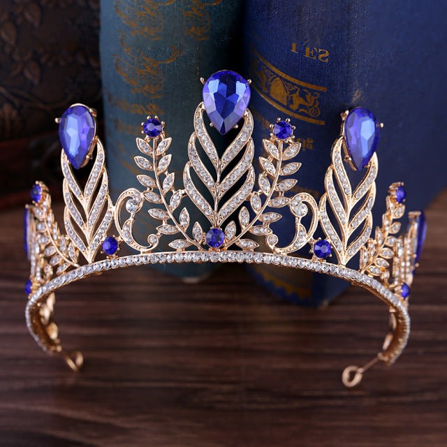 front of sapphire blue tiara with rhinestones and crystals YAGP