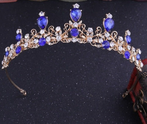 front of sapphire blue tiara with rhinestones and crystals YAGP