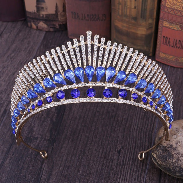 Front of Sapphire Blue tiara with rhinestones and crystals