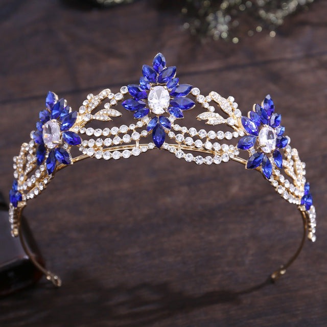 front of sapphire blue tiara with rhinestones and crystals. YAGP