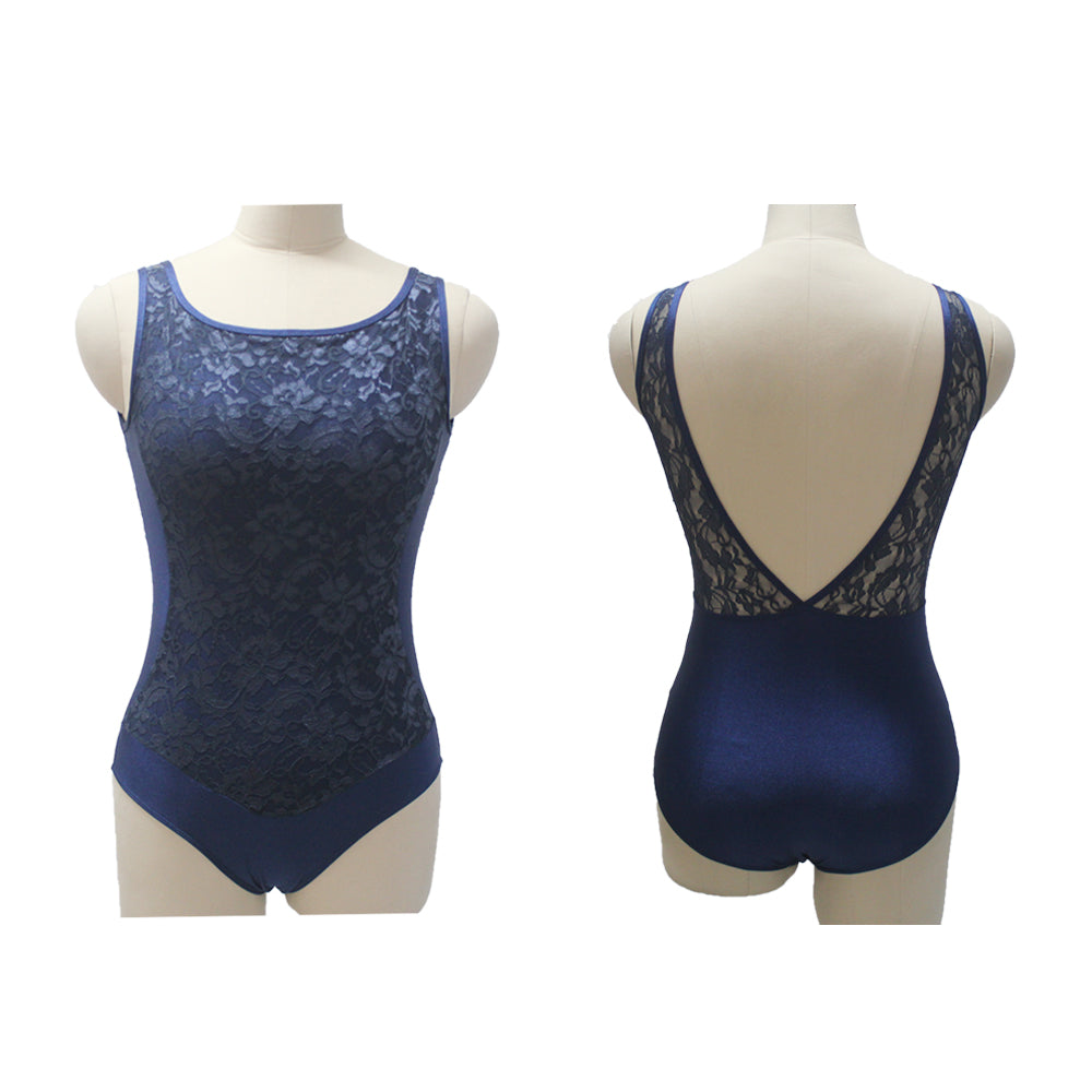 navy blue tank leotard with lace overlay