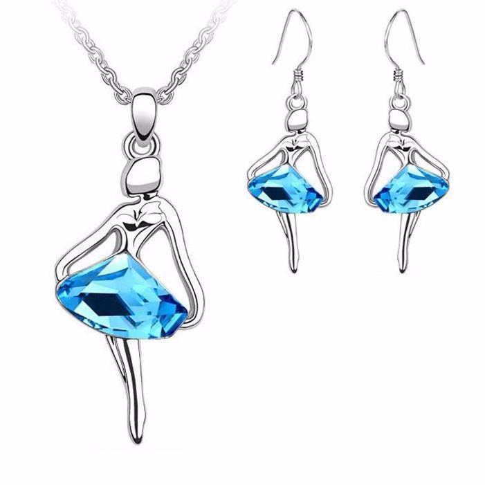 Blue Crystal Ballerina Necklace and Earring Set silver tone