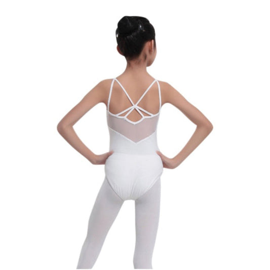 back of child wearing white leotard with sheet contrast and cross back